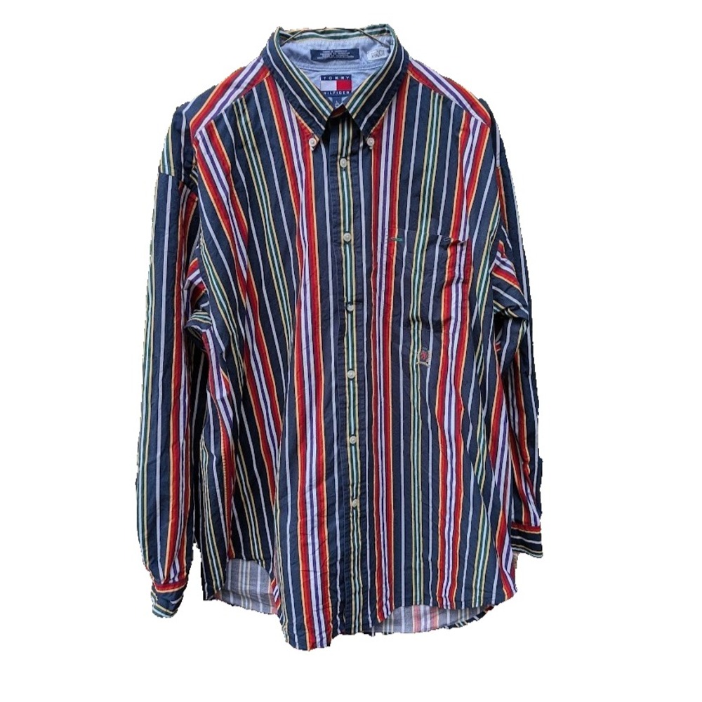 Vintage 90s Tommy Hilfiger Shirt Mens L Stripe Embroidered Crest Preppy Retro
